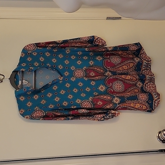 3/$30 NOW N FOREVER Turquoise Paisley Split Neck Half Sleeve Tunic Blouse - Picture 2 of 8